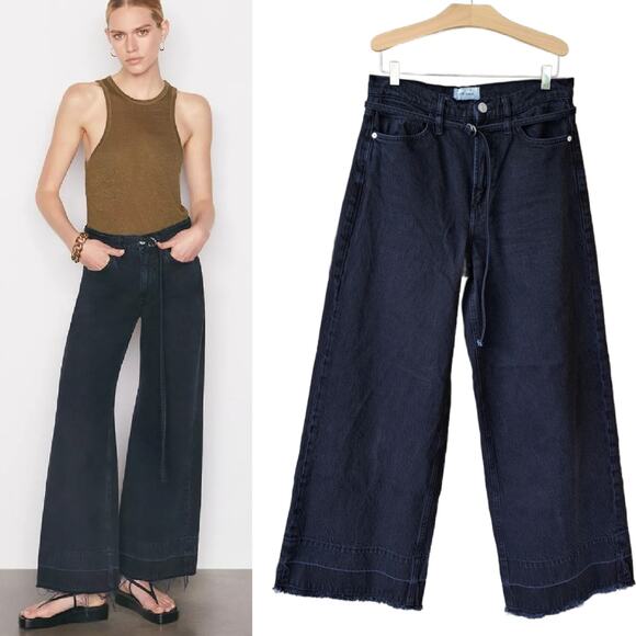 FRAME Pixie High Rise Baggy Wide Leg Jeans Released Hem Dark Wash Supermoon 28 - Picture 1 of 12